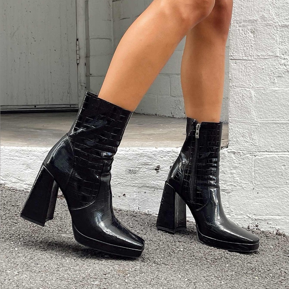 Princess Polly Jamie Croc Platform Boots in Black NEW not in Box